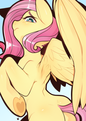 Size: 4961x7016 | Tagged: safe, artist:sugarelement, artist:sugarelements, character:fluttershy, species:pegasus, species:pony, g4, butt, colored eyebrows, cute, eyebrows, female, flying, mare, meme, plot, profile, raised hoof, shyabetes, solo, spread wings, underhoof, white pupils, wingpit, wings
