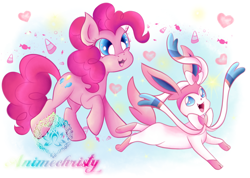 Size: 1024x731 | Tagged: safe, artist:animechristy, character:pinkie pie, species:earth pony, species:pony, g4, :3, abstract background, candy, crossover, cute, diapinkes, duo, female, food, heart, mare, nintendo, open mouth, open smile, pokémon, smiling, sylveon, text, three quarter view, video game, white pupils