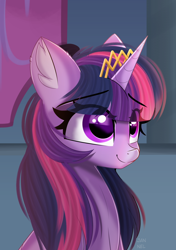 Size: 1748x2480 | Tagged: safe, artist:janelearts, character:twilight sparkle, character:twilight sparkle (alicorn), species:alicorn, species:pony, g4, bust, crown, ear fluff, eye clipping through hair, eyebrows, eyebrows visible through hair, eyelashes, female, high res, horn, jewelry, mare, multicolored hair, regalia, signature, smiling, solo, three quarter view