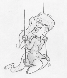 Size: 627x725 | Tagged: safe, artist:swiftcutter, derpibooru original, character:fluttershy, species:anthro, species:pegasus, species:unguligrade anthro, g4, clothing, cute, eyebrows, female, looking at you, mare, monochrome, pencil drawing, shyabetes, simple background, solo, sweater, sweatershy, swing, traditional art, turtleneck, unshorn fetlocks, white background