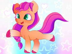 Size: 2048x1536 | Tagged: safe, alternate version, artist:zokkili, character:sunny starscout, species:earth pony, species:pony, g5, my little pony: a new generation, abstract background, braid, chibi, coat markings, colored eyebrows, colored eyelashes, colored hooves, colored pupils, cute, eyebrows, eyelashes, female, hoof heart, hooves, mare, open mouth, open smile, pink mane, smiling, socks (coat marking), sparkly eyes, standing on two hooves, sunnybetes, three quarter view, underhoof, unshorn fetlocks, wingding eyes