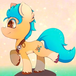 Size: 2048x2048 | Tagged: safe, artist:zokkili, character:hitch trailblazer, species:earth pony, species:pony, g5, my little pony: a new generation, abstract background, blaze (coat marking), chibi, coat markings, colored hooves, colored pupils, cute, cutie mark, ear fluff, hitchbetes, hooves, male, profile, raised hoof, raised leg, sash, smiling, socks (coat marking), sparkly eyes, stallion, standing on two hooves, starry eyes, tail, unshorn fetlocks, wingding eyes