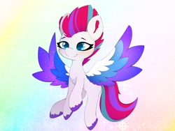 Size: 4096x3072 | Tagged: safe, artist:zokkili, character:zipp storm, species:pegasus, species:pony, g5, abstract background, colored hooves, colored pupils, colored wings, cute, eyebrows, female, flying, gradient background, hooves, mare, multicolored wings, smiling, solo, sparkly eyes, spread wings, three quarter view, unshorn fetlocks, wings