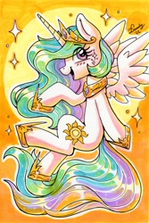 Size: 1798x2688 | Tagged: safe, artist:dandy, character:princess celestia, species:alicorn, species:pony, g4, blushing, clothing, complex background, crown, cute, cutelestia, cutie mark, ethereal mane, eye clipping through hair, eyebrows, eyebrows visible through hair, eyelashes, female, hoof shoes, horn, jewelry, looking sideways, mare, marker drawing, necklace, open mouth, peytral, regalia, shoes, solo, traditional art, wings