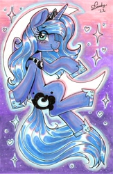 Size: 1754x2688 | Tagged: safe, artist:dandy, character:princess luna, species:alicorn, species:pony, g4, blushing, clothing, crown, cute, cutie mark, eye clipping through hair, eyebrows, eyebrows visible through hair, female, floating heart, gradient background, heart, hoof shoes, horn, jewelry, lunabetes, mare, moon, necklace, peytral, regalia, shoes, solo, stars, tail, tongue out