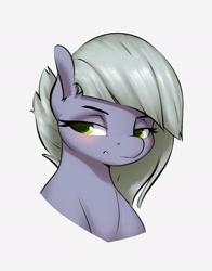 Size: 1408x1797 | Tagged: safe, artist:aquaticvibes, character:limestone pie, species:earth pony, species:pony, g4, blushing, bust, eyebrows, female, lidded eyes, looking sideways, mare, portrait, scowl, simple background, solo