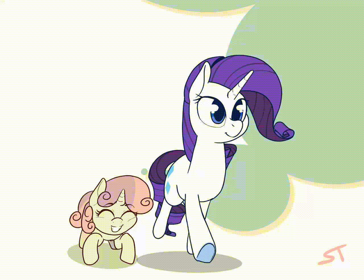 Size: 1280x984 | Tagged: safe, artist:storyteller, character:rarity, character:sweetie belle, species:pony, species:unicorn, g4, abstract background, animated, cute, diasweetes, duo, excited, eyes closed, female, filly, gif, grin, hopping, loop, mare, open mouth, open smile, raribetes, siblings, signature, sisters, smiling, underhoof, walking, weapons-grade cute, young