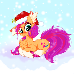 Size: 2500x2500 | Tagged: safe, artist:rurihal, character:sunny starscout, species:earth pony, species:pony, g5, my little pony: a new generation, blushing, cheek fluff, chest fluff, christmas, clothing, coat markings, colored eyebrows, colored hooves, cute, ear down, ear fluff, eyebrows, female, fluffy, hat, high res, holiday, hooves, leg fluff, looking at you, lying down, mare, mistletoe, one ear down, prone, santa hat, smiling, socks (coat marking), sunnybetes, three quarter view, unshorn fetlocks