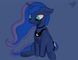 Size: 9000x7000 | Tagged: safe, artist:ccruelangel, character:princess luna, species:alicorn, species:pony, g4, absurd resolution, blue background, chest fluff, crying, depression, eye clipping through hair, eyebrows, eyebrows visible through hair, female, floppy ears, frown, jewelry, makeup, mare, mascara, necklace, peytral, running makeup, sad, simple background, sitting, solo, tears of pain, teary eyes, three quarter view, wings