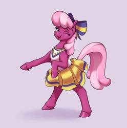 Size: 2928x2949 | Tagged: safe, artist:aquaticvibes, character:cheerilee, species:earth pony, species:pony, g4, bipedal, bow, cheeribetes, cheerileeder, clothing, cute, eyebrows, female, gray background, hair bow, mare, one eye closed, open mouth, shirt, simple background, skirt, solo, tail