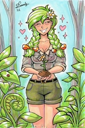 Size: 1802x2692 | Tagged: safe, artist:dandy, oc, oc only, oc:sylvia evergreen, species:human, belt, braid, braided pigtails, breasts, cleavage, clothing, colored pencil drawing, cute, eyes closed, female, fern, floating heart, flower, flower in hair, freckles, heart, humanized, humanized oc, ladybug, ocbetes, ribbon, shirt, shorts, smiling, solo, species swap, traditional art, tree