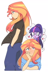 Size: 2133x3148 | Tagged: safe, artist:4phr0sd3l0s, artist:4phr0sd3l0sasafe, character:sunset shimmer, character:twilight sparkle, character:twilight sparkle (scitwi), species:eqg human, ship:scitwishimmer, ship:sunsetsparkle, g4, my little pony:equestria girls, female, heart, lesbian, profile, shipping, simple background, white background