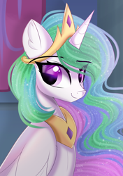 Size: 1748x2480 | Tagged: safe, artist:janelearts, character:princess celestia, species:alicorn, species:pony, g4, bust, colored pupils, crown, cute, cutelestia, eye clipping through hair, eyebrows, eyebrows visible through hair, female, jewelry, looking at you, mare, necklace, peytral, portrait, regalia, smiling, solo, sparkly mane, three quarter view, wings