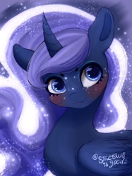 Size: 1024x1366 | Tagged: safe, artist:sjmarts, character:princess luna, species:alicorn, species:pony, g4, blushing, bust, constellation freckles, cute, female, freckles, glowing mane, looking at you, lunabetes, mare, signature, smiling, solo, three quarter view