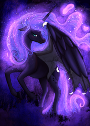 Size: 1789x2508 | Tagged: safe, artist:temp, character:princess luna, species:alicorn, species:bat pony, species:pony, g4, bat ponified, bat pony alicorn, bat wings, cutie mark, ethereal mane, female, galaxy mane, horn, looking at you, mare, race swap, solo, spread wings, wings