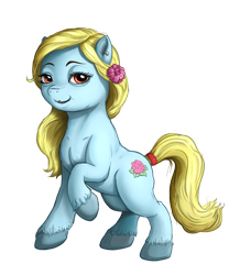 Size: 1920x2202 | Tagged: safe, alternate version, artist:celsian, oc, oc only, oc:larimare, species:earth pony, species:pony, cutie mark, ear piercing, earring, eyebrows, female, flower, flower in hair, hooves, jewelry, lidded eyes, looking at you, mare, one hoof raised, piercing, simple background, solo, tail, tail wrap, transparent background, unshorn fetlocks
