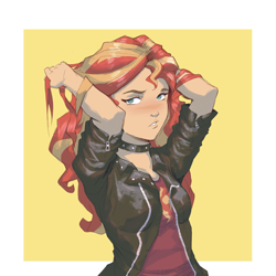 Size: 4000x4000 | Tagged: safe, artist:vanillaghosties, character:sunset shimmer, species:human, g4, my little pony:equestria girls, choker, clothing, female, hand, hand on head, jacket, jewelry, leather jacket, looking at you, necklace, shirt, simple background, solo, yellow background