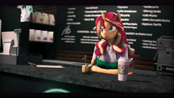 Size: 9600x5400 | Tagged: safe, artist:imafutureguitarhero, character:sunset shimmer, species:anthro, species:unicorn, g4, my little pony:equestria girls, 3d, apron, barista, cash register, clipboard, clothing, coffee cup, cute, explicit source, eyebrows, female, floppy ears, freckles, horn, iphone, mare, menu, pen, shimmerbetes, shirt, smiling, solo, source filmmaker, starbucks