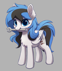 Size: 1720x1980 | Tagged: safe, artist:luminousdazzle, oc, oc only, oc:kezzie, species:pegasus, species:pony, blue eyes, chest fluff, crossover, cute, engineer, eye clipping through hair, eyebrows, eyebrows visible through hair, female, gray background, holding, looking at you, mare, mouth hold, ocbetes, pegasus oc, simple background, smiling, smiling at you, team fortress 2, wrench