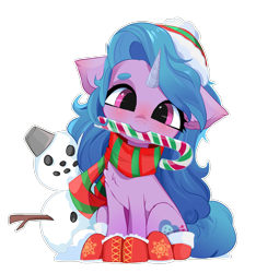 Size: 2621x2805 | Tagged: safe, artist:xsatanielx, character:izzy moonbow, species:pony, species:unicorn, g5, blushing, boots, candy, candy cane, chest fluff, christmas, clothing, colored eyebrows, cute, ear fluff, eyebrows, female, floppy ears, fluffy, food, gradient mane, hat, high res, holding, holiday, izzybetes, leg fluff, looking at you, mare, mouth hold, multicolored hair, scarf, shoes, simple background, sitting, smiling, snow, snowman, solo, transparent background