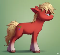 Size: 1370x1260 | Tagged: safe, artist:luminousdazzle, character:sprout, species:earth pony, species:pony, g5, :c, >:c, chest fluff, coat markings, colored eyebrows, colored hooves, eyebrows, floppy ears, fluffy, frown, green background, grumpy, hooves, leg fluff, lidded eyes, male, messy mane, profile, signature, simple background, socks (coat marking), solo, stallion, unshorn fetlocks