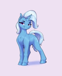 Size: 2155x2670 | Tagged: safe, artist:aquaticvibes, character:trixie, species:pony, species:unicorn, g4, cutie mark, eyebrows, female, horn, looking at you, mare, purple background, simple background, smiling, solo, tail