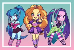 Size: 2039x1378 | Tagged: safe, artist:ikirunosindo, character:adagio dazzle, character:aria blaze, character:sonata dusk, species:eqg human, g4, my little pony:equestria girls, anime, ariabetes, bare shoulders, blushing, breasts, busty adagio dazzle, busty aria blaze, busty sonata dusk, chibi, clothing, cute, gem, necktie, open mouth, sequins, siren gem, sleeveless, sonatabetes, sparkles, the dazzlings, tongue out