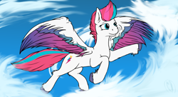 Size: 1980x1080 | Tagged: safe, artist:terminalhash, character:zipp storm, species:pegasus, species:pony, g5, my little pony: a new generation, artwork, cloud, colored hooves, colored wings, digital art, eyebrows, female, flying, hooves, leg fluff, mare, multicolored wings, sky, solo, spread wings, three quarter view, unshorn fetlocks, wing fluff, wings
