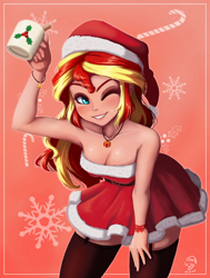 Size: 754x1000 | Tagged: safe, artist:the-park, character:sunset shimmer, species:human, equestria girls:equestria girls, g4, my little pony:equestria girls, christmas, clothing, costume, eggnog, hat, holiday, santa costume, santa hat, simple background, solo