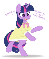 Size: 1400x1690 | Tagged: safe, artist:higgly-chan, character:twilight sparkle, character:twilight sparkle (unicorn), species:pony, species:unicorn, g4, bipedal, birthday dress, clothing, cute, dancing, dialogue, dress, eyebrows, eyebrows visible through hair, female, mare, open mouth, simple background, solo, text, that yoinky sploinky, three quarter view, twiabetes, white background
