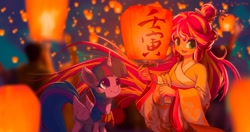 Size: 1920x1013 | Tagged: safe, artist:tinybenz, character:sunset shimmer, character:twilight sparkle, character:twilight sparkle (alicorn), species:alicorn, species:human, species:pony, g4, my little pony:equestria girls, chinese new year, clothing, cute, eyebrows, eyebrows visible through hair, female, looking at you, mare, open mouth, scarf, signature, smiling, three quarter view