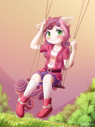 Size: 1800x2400 | Tagged: safe, artist:symbianl, character:sweetie belle, species:human, g4, my little pony:equestria girls, :3, boots, clothing, cute, diasweetes, eared humanization, eyebrows, female, floppy ears, gradient background, humanized, jacket, looking at you, shirt, shoes, signature, sitting, skirt, smiling, solo, species swap, swing, tail, tailed humanization