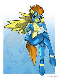 Size: 1427x1889 | Tagged: safe, artist:lummh, part of a set, character:blaze, species:anthro, species:pegasus, species:pony, species:unguligrade anthro, g4, clothing, eyebrows, eyelashes, female, goggles, looking at you, mare, not spitfire, smiling, solo, uniform, wings, wonderbolts, wonderbolts uniform, zoom layer