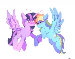 Size: 1295x1021 | Tagged: safe, artist:aaa-its-spook, character:rainbow dash, character:twilight sparkle, character:twilight sparkle (alicorn), species:alicorn, species:pegasus, species:pony, ship:twidash, g4, blushing, cute, duo, duo female, eyebrows, eyebrows visible through hair, eyes closed, female, flying, heart, holding hooves, lesbian, shipping, signature, simple background, smiling, spread wings, three quarter view, white background, white pupils, wings