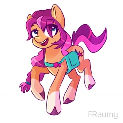 Size: 1323x1323 | Tagged: safe, artist:fraumflug, character:sunny starscout, species:earth pony, species:pony, g5, my little pony: a new generation, bag, braid, coat markings, colored hooves, cute, eye clipping through hair, eyebrows, eyebrows visible through hair, female, hooves, mare, open mouth, open smile, saddle bag, satchel, signature, simple background, smiling, socks (coat marking), solo, starry eyes, sunny's buttons, sunnybetes, white background