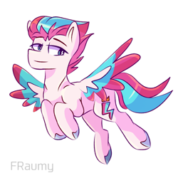Size: 1280x1280 | Tagged: safe, artist:fraumflug, character:zipp storm, species:pegasus, species:pony, g5, my little pony: a new generation, aside glance, colored eyebrows, colored hooves, colored wings, eyebrows, eyebrows visible through hair, female, hooves, lidded eyes, looking sideways, mare, multicolored wings, signature, simple background, smiling, smirk, solo, spread wings, white background, wings