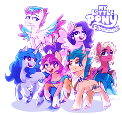 Size: 1280x1200 | Tagged: safe, character:hitch trailblazer, character:izzy moonbow, character:pipp petals, character:sprout, character:sunny starscout, character:zipp storm, species:earth pony, species:pegasus, species:pony, species:unicorn, g5, adorapipp, adorazipp, bag, blaze (coat marking), bracelet, circlet, coat markings, colored eyebrows, colored hooves, colored wings, cute, eye clipping through hair, eyebrows, eyebrows visible through hair, female, flying, gradient mane, heart eyes, hitchbetes, hooves, izzybetes, jewelry, looking at you, looking sideways, looking up, male, mane g5, mare, multicolored hair, multicolored wings, open mouth, open smile, pipp wings, raised hoof, saddle bag, satchel, signature, simple background, smiling, socks (coat marking), stallion, starry eyes, sunny's buttons, sunnybetes, unshorn fetlocks, white background, wingding eyes, wings