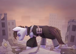 Size: 2048x1448 | Tagged: safe, artist:dandy, oc, oc only, species:earth pony, species:pony, bent over, city, cloak, clothing, male, raffle prize, ruins, saddle bag, solo, stallion, tail