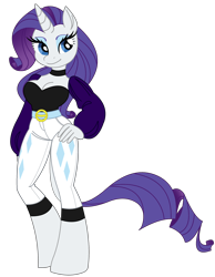 Size: 2048x2644 | Tagged: safe, artist:fotia-kouneli, character:rarity, species:anthro, species:unguligrade anthro, species:unicorn, g4, belt, belt buckle, breasts, choker, cleavage, clothing, female, hand, hand on hip, high res, hips, jewelry, mare, necklace, pants, simple background, solo, transparent background