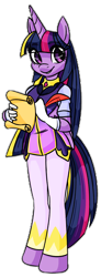Size: 1362x3690 | Tagged: safe, artist:fotia-kouneli, character:twilight sparkle, species:alicorn, species:anthro, species:unguligrade anthro, g4, aside glance, clothing, eye clipping through hair, eyebrows, eyebrows visible through hair, feather, female, looking at you, looking sideways, mare, quill, scroll, simple background, smiling, solo, transparent background