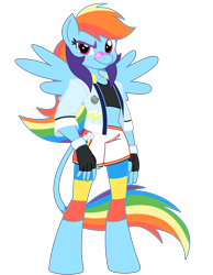 Size: 2048x2644 | Tagged: safe, artist:fotia-kouneli, character:rainbow dash, species:anthro, species:pegasus, species:unguligrade anthro, g4, bandage, clothing, female, fingerless gloves, gloves, jacket, leonine tail, looking at you, mare, midriff, nose bandaid, shorts, simple background, solo, spread wings, tail, transparent background, wings