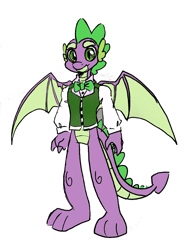 Size: 1920x2560 | Tagged: safe, artist:fotia-kouneli, character:spike, species:anthro, species:dragon, g4, bow tie, clothing, looking at you, male, shirt, simple background, solo, spread wings, vest, white background, winged spike, wings