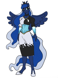 Size: 1920x2560 | Tagged: safe, artist:fotia-kouneli, character:princess luna, species:alicorn, species:anthro, species:unguligrade anthro, g4, bicorn, choker, clothing, crown, dress, female, hoof shoes, horn, jewelry, looking sideways, mare, multiple horns, necklace, regalia, shoes, simple background, solo, spread wings, white background, wings