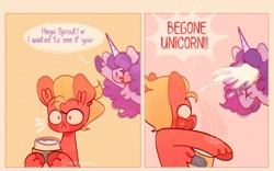 Size: 1154x720 | Tagged: safe, artist:sockiepuppetry, character:izzy moonbow, character:sprout, species:earth pony, species:pony, species:unicorn, g5, bing bong, chest fluff, colored hooves, comic, dialogue, female, food, gradient hair, hoof hold, hooves, male, mare, mayonnaise, multicolored hair, open mouth, profile, sauce, signature, simple background, speech bubble, stallion, text, unshorn fetlocks
