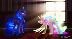 Size: 2298x1243 | Tagged: safe, artist:rublegun, character:princess celestia, character:princess luna, species:alicorn, species:pony, g4, backlighting, clothing, crepuscular rays, crown, ethereal mane, female, glowing mane, hoof shoes, jewelry, light, looking at each other, mare, necklace, open mouth, open smile, peytral, profile, regalia, shadow, shoes, signature, smiling, sun, sunlight, window