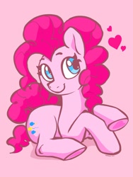 Size: 1536x2048 | Tagged: safe, artist:dimfann, character:pinkie pie, species:earth pony, species:pony, g4, aside glance, cute, diapinkes, eyebrows, female, head turned, heart, heart underhoof, hoof heart, looking at you, lying down, mare, pink background, prone, simple background, smiling, solo, underhoof