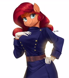 Size: 3182x3592 | Tagged: safe, artist:cadillacdynamite, oc, oc only, oc:cinnarose, species:anthro, species:earth pony, belt, clothing, commission, commissioner:weeb nota, eyebrows, female, full face view, gloves, hand, hand on hip, high res, hips, looking at you, mare, signature, simple background, solo, uniform, white background