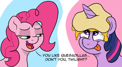Size: 2589x1426 | Tagged: safe, artist:doodledonut, character:pinkie pie, character:twilight sparkle, character:twilight sparkle (alicorn), species:alicorn, species:earth pony, species:pony, g4, abstract background, bust, comic, crossover, dialogue, female, food, just one bite, lidded eyes, looking sideways, looking up, mare, open mouth, quesadilla, simple background, spongebob squarepants, text, they're just so cheesy, tongue out