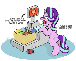 Size: 3120x2516 | Tagged: safe, artist:doodledonut, character:starlight glimmer, species:pony, species:unicorn, g4, angry, bipedal, butt, comic, dialogue, female, glimmer glutes, machine, mare, open mouth, profile, self-checkout, shopping, simple background, solo, text, white background