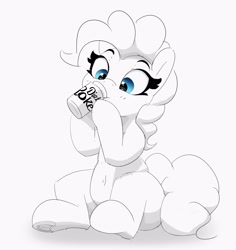 Size: 3450x3653 | Tagged: safe, artist:pabbley, character:pinkie pie, species:earth pony, species:pony, g4, belly button, diet coke, drink, drinking, eyebrows, female, grayscale, hoof hold, mare, monochrome, neo noir, partial color, raised hoof, simple background, sitting, soda, soda can, solo, underhoof, white background